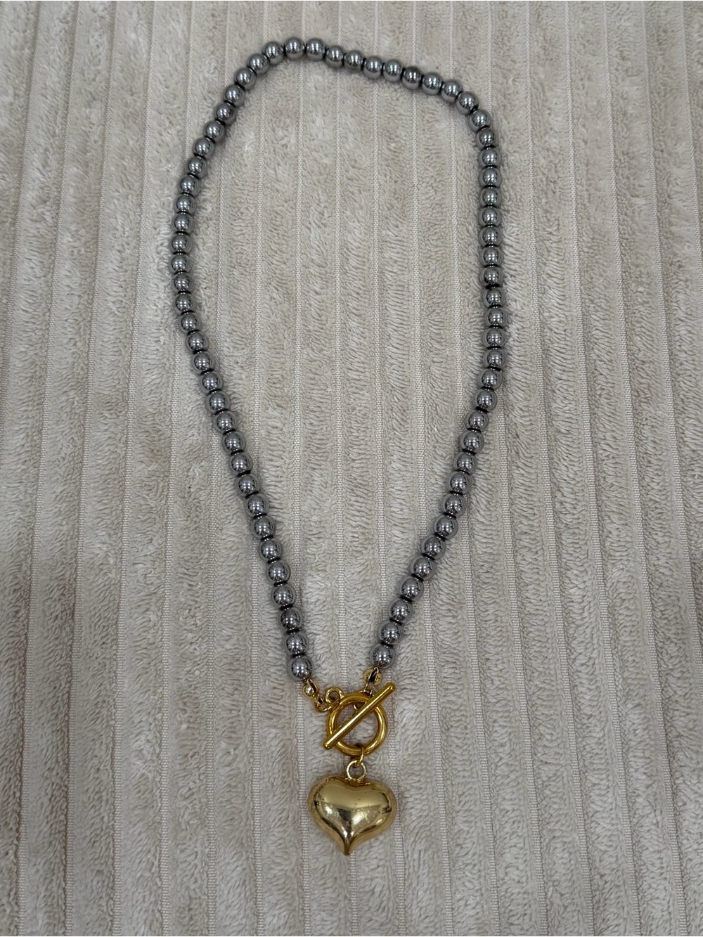 Gold Puffy Heart Pendant Necklace with Silver Beads